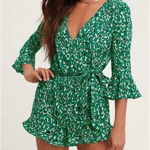 Make Moves Green and Black Print Flounce Sleeve Romper